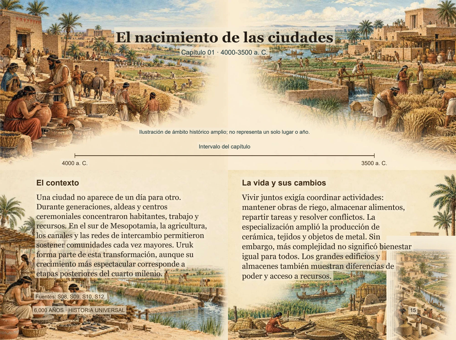 Página real sobre el nacimiento de las ciudades, con ilustración y dos columnas de texto